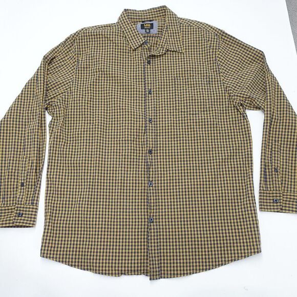 Lee Shirt Men's 2XL Mustard Navy Check Stretch Regular Fit Long Sleeve Button-Up - Picture 1 of 7